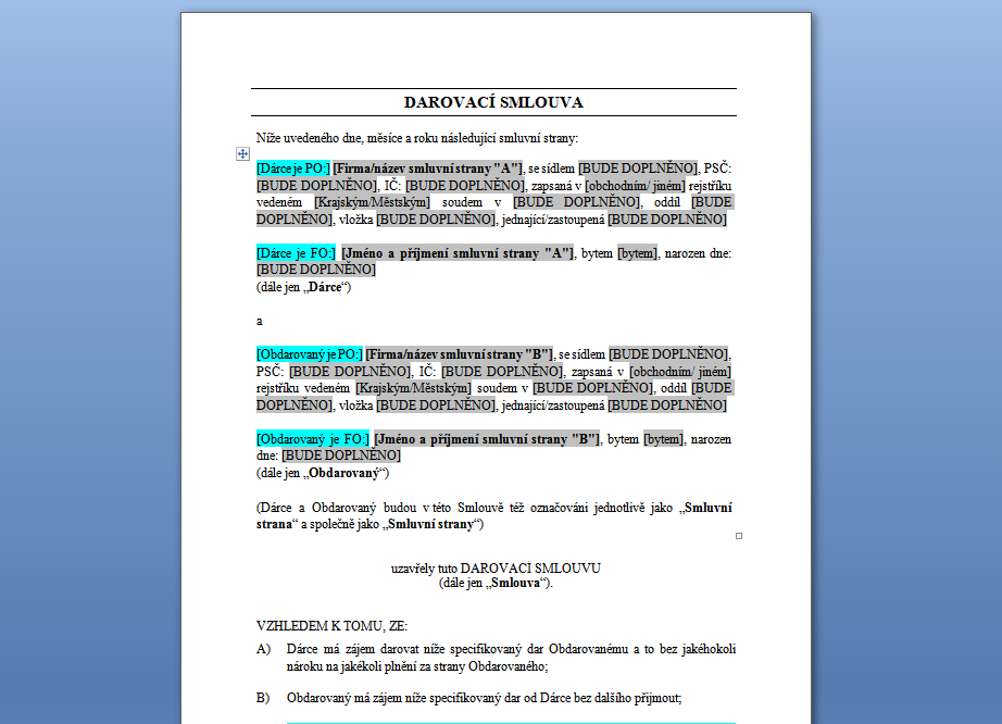 Vzorová darovací smlouva ke stažení ve formátu DOC, 1 MB